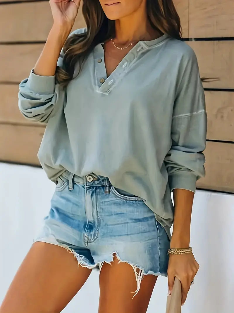 Drop Shoulder Henley Shirt Langærmet Casual Top