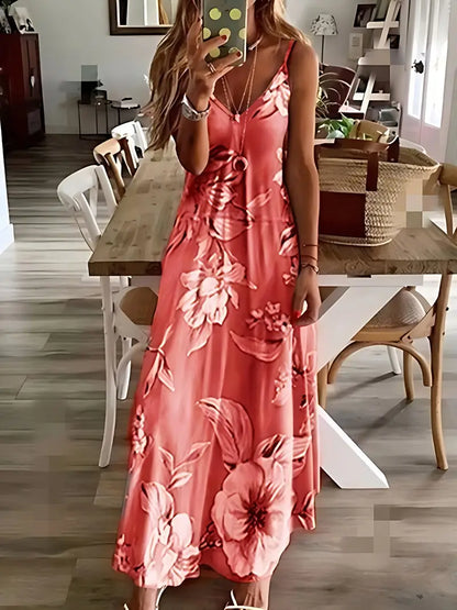 Floral Print Casual Crew Neck Ankle Cami Spaghetti Dress