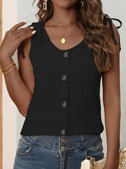 Eyelet Button Front Sleeveless Tank Top For Summer