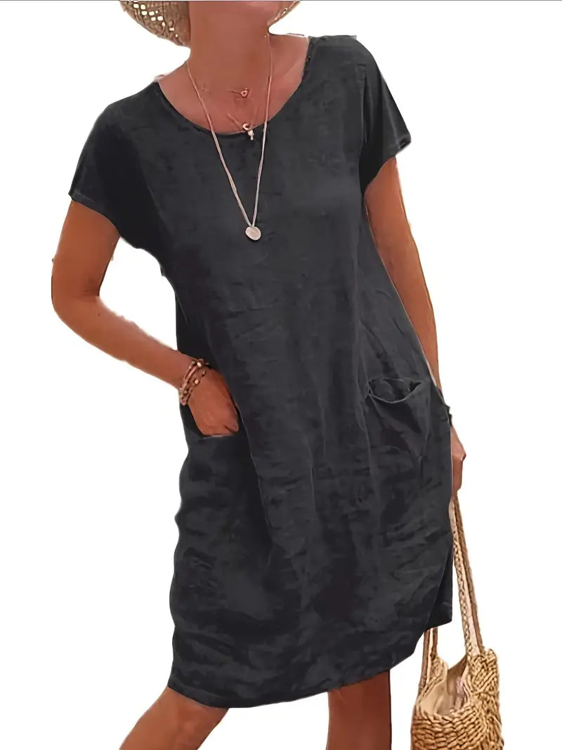 Loose Solid Short Sleeve Knee-Length Round Neck Pocket Dress