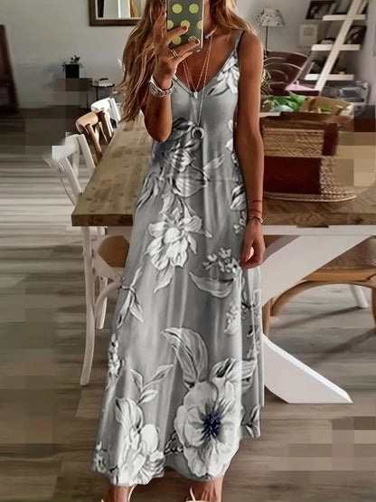 Floral Print Casual Crew Neck Ankle Cami Spaghetti Dress