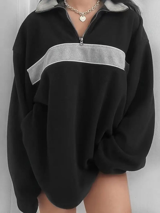 Retro Lapel Thermal Pullover Stribet Colorblock Loose Sweatshirt